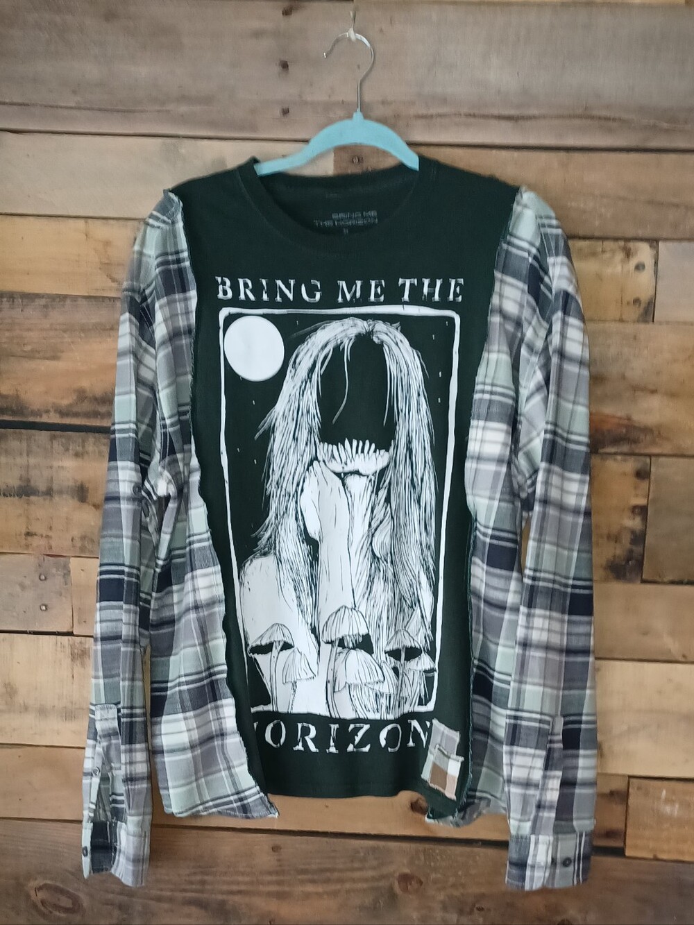 Upcycled Bring Me The Horizon Graphic T-shirt - Green Plaid Sleeves